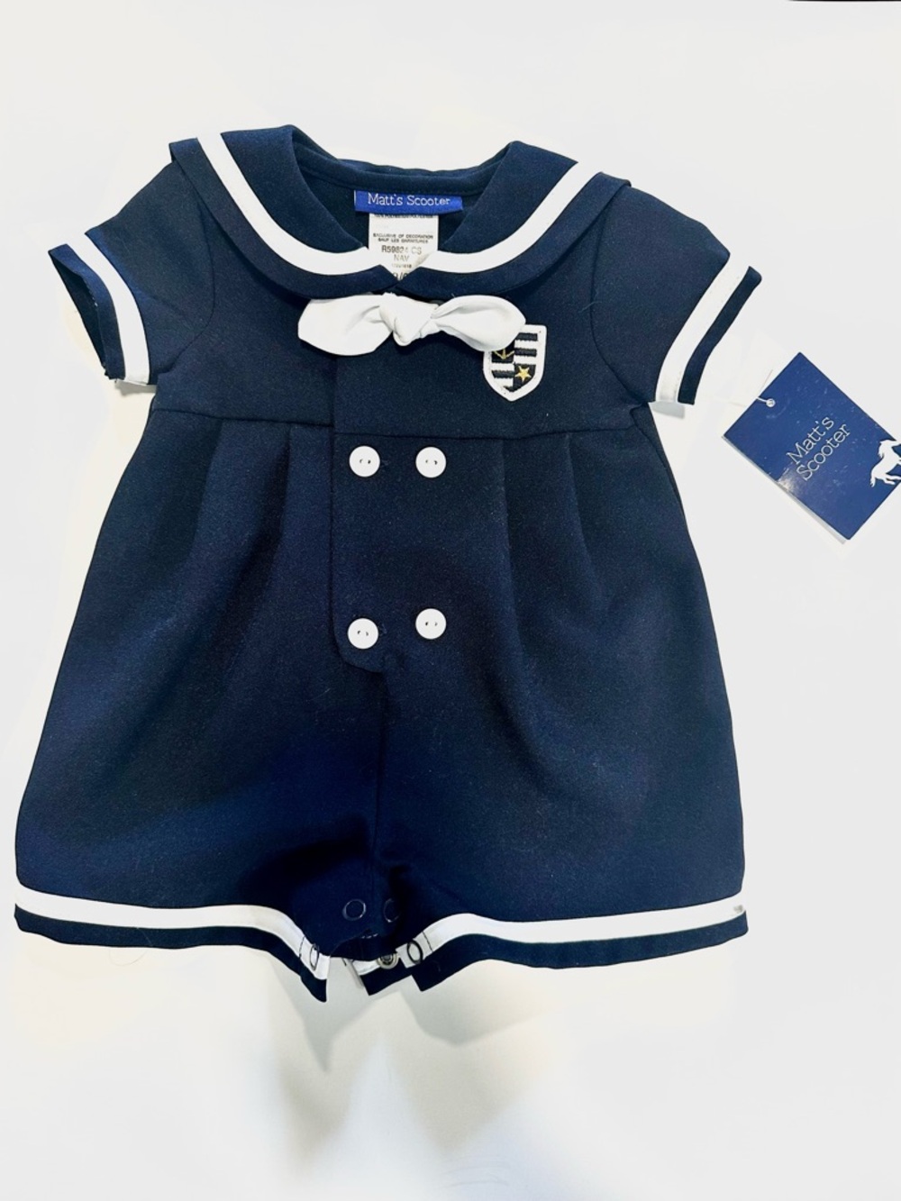 Matt's Scooter Navy Sailor Romper with White Trim